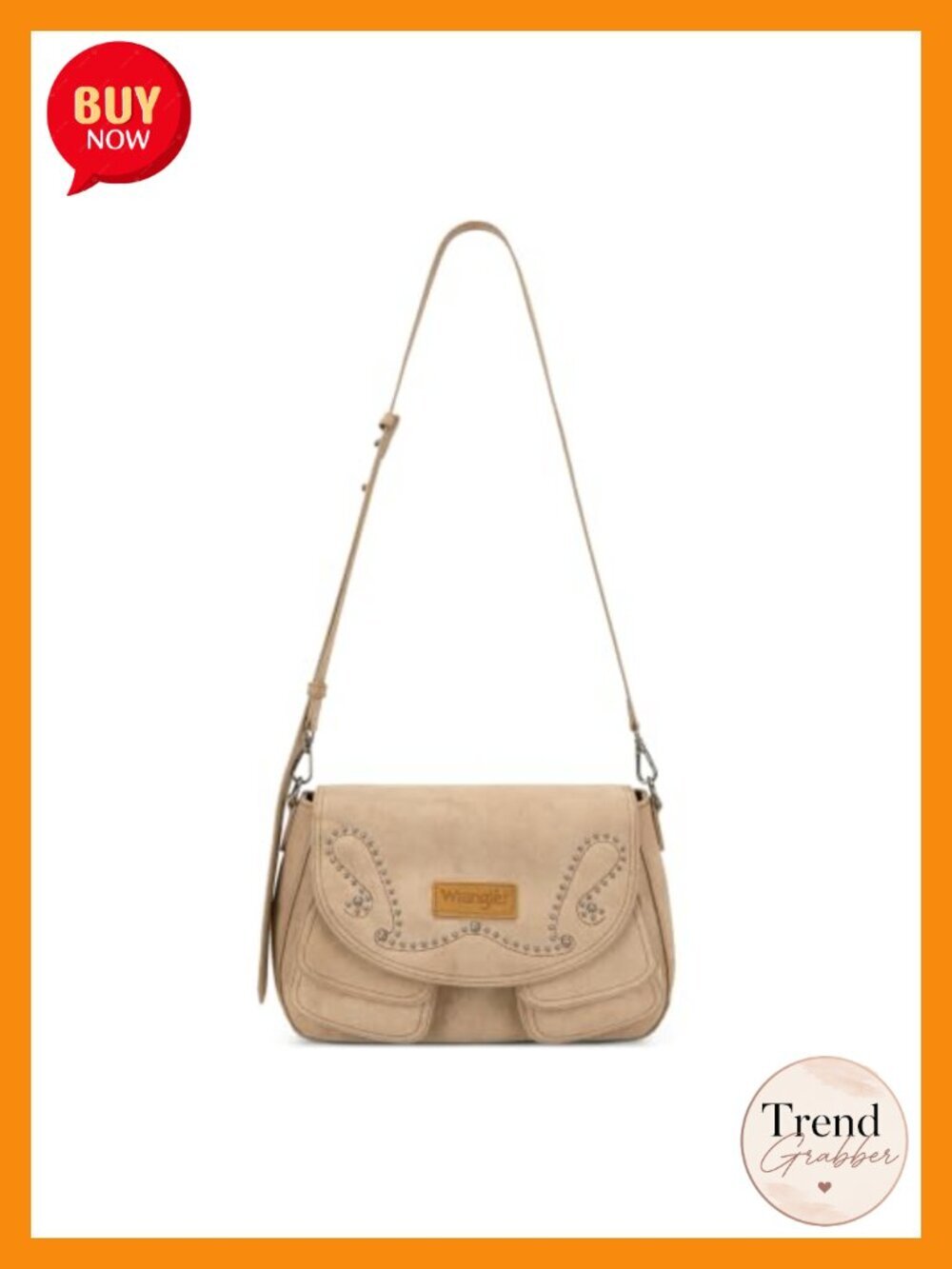 Studded Faux Suede Crossbody Bag Saddlebag Flap Closure Adjustable Strap